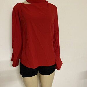 3/15 couture Red Mock Neck Blouse Cutout Long Sleeve Button Cuff‎ Top